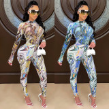 Print Long Sleeve Mesh Bodysuit Two Piece Pants Set BY-5505
