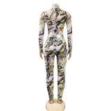 Print Long Sleeve Mesh Bodysuit Two Piece Pants Set BY-5505