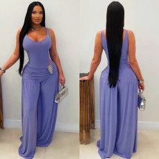 U Neck Solid Color Wide Leg Jumpsuit BY-7779