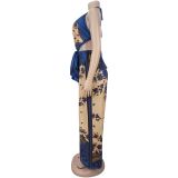 Deep V Neck Haterneck Print Wide Leg Jumpsuit BY-7772