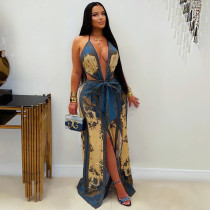 Deep V Neck Haterneck Print Wide Leg Jumpsuit BY-7772