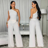 Solid Color Slash Shoulder Two Piece Pants Set BY-7736