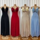 Floral Patchwork Mesh Ruched Sling Maxi Dress GADE-11305