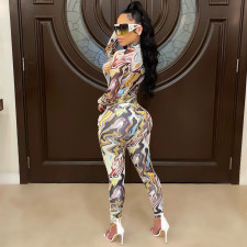 Print Long Sleeve Mesh Bodysuit Two Piece Pants Set BY-5505