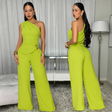 Solid Color Slash Shoulder Two Piece Pants Set BY-7736