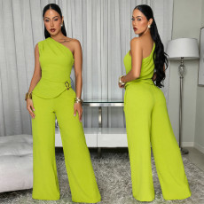 Solid Color Slash Shoulder Two Piece Pants Set BY-7736