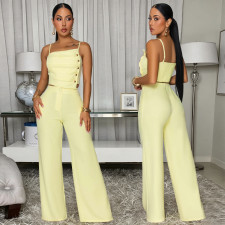 Solid Color Ruched Sling Top Wide Leg Pants Suit BY-7739
