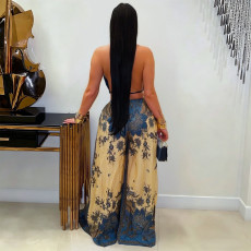Deep V Neck Haterneck Print Wide Leg Jumpsuit BY-7772