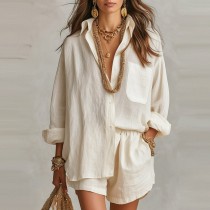 Fashion Long Sleeve Loose Shirt Two Piece Shorts Set GXBQ-A1791