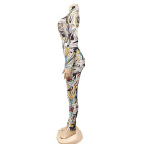 Print Long Sleeve Mesh Bodysuit Two Piece Pants Set BY-5505
