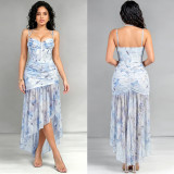 Floral Print Halterneck Mesh Evening Dress BY-7753
