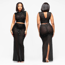 Hot Drrill Mesh Sleeveless Two Piece Skirts Set BY-7580
