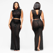 Hot Drrill Mesh Sleeveless Two Piece Skirts Set BY-7580