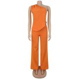 Solid Color Slash Shoulder Two Piece Pants Set BY-7736