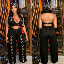 Hollow Out Solid Color Two Piece Pants Set BY-7712