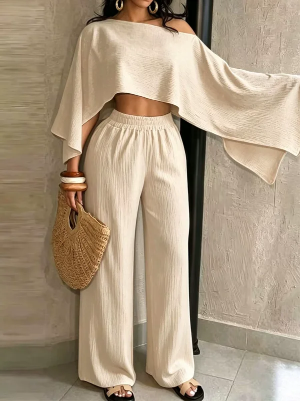Solid Slash Shoulder Top Two Piece Pants Set QYMF-A741