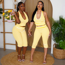 Stripe Hatlerneck Tank Top Two Piece Pants Set GDSF-D26ST277