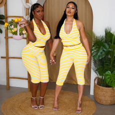 Stripe Hatlerneck Tank Top Two Piece Pants Set GDSF-D26ST277