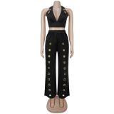 Hollow Out Solid Color Two Piece Pants Set BY-7712