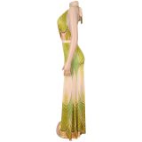 Print V Neck Halterneck Backless Maxi Dress BY-7721