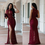 Lace Hollow Out Split Maxi Dress BY-7641