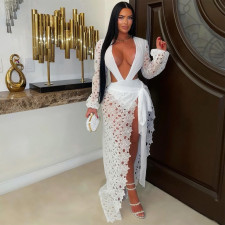 Mesh Lace Long Sleeve Bodysuit Skirt Suit BY-7707