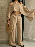 Solid Slash Shoulder Top Two Piece Pants Set QYMF-A741
