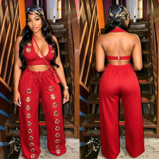 Hollow Out Solid Color Two Piece Pants Set BY-7712