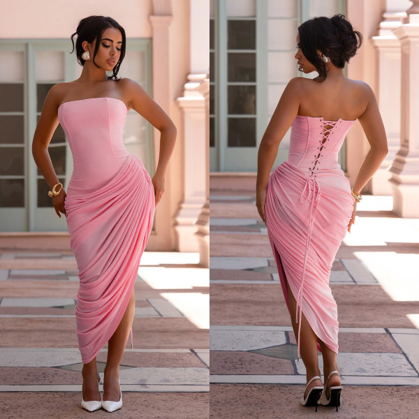 Off Shoulder Solid Color Ruched Long Dress BY-7729