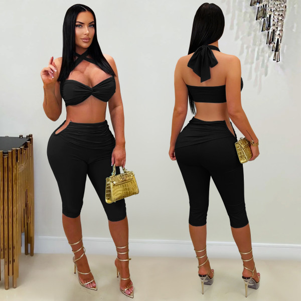 Solid Color Tie Up Two Piece Shorts Set BY-7673