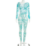 Mesh Long Sleeve Print Top Pants 2 Piece Set MXBF-J26ST269