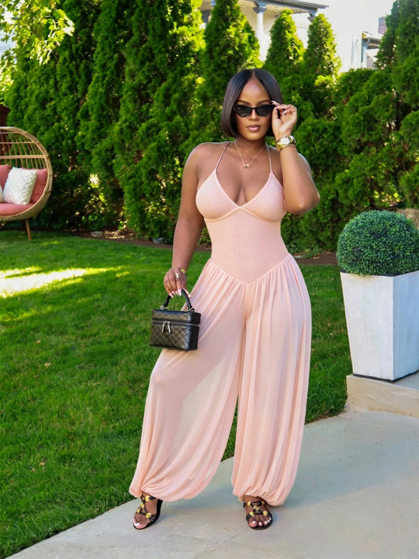 Solid Color Backless Sling Loose Jumpsuit BMF-904