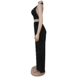 Hollow Out Solid Color Two Piece Pants Set BY-7712