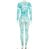 Mesh Long Sleeve Print Top Pants 2 Piece Set MXBF-J26ST269