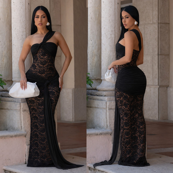 Lace Slash Shoulder Maxi Dress BY-7692