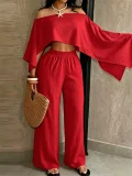 Solid Slash Shoulder Top Two Piece Pants Set QYMF-A741