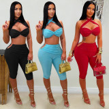 Solid Color Tie Up Two Piece Shorts Set BY-7673