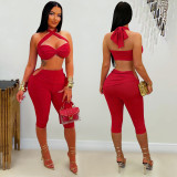 Solid Color Tie Up Two Piece Shorts Set BY-7673