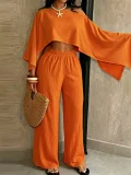 Solid Slash Shoulder Top Two Piece Pants Set QYMF-A741