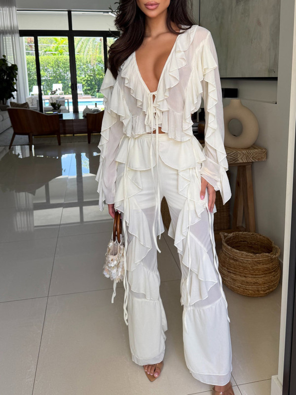 Solid Color Ruffles Two Piece Pants Set AIL-363