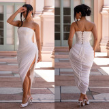 Off Shoulder Solid Color Ruched Long Dress BY-7729