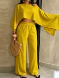 Solid Slash Shoulder Top Two Piece Pants Set QYMF-A741