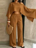 Solid Slash Shoulder Top Two Piece Pants Set QYMF-A741