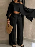 Solid Slash Shoulder Top Two Piece Pants Set QYMF-A741