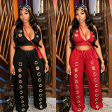 Hollow Out Solid Color Two Piece Pants Set BY-7712