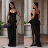See Through Lace Sling Maxi Dress BY-7705