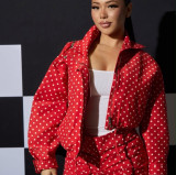 Polka Dot Print Long Sleeve Coat Two Piece Shorts Set GKYS-3110