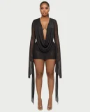 Deep V Neck Long Sleeve Mini Dress QYMF-M606