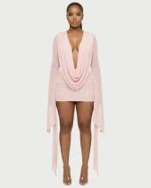 Deep V Neck Long Sleeve Mini Dress QYMF-M606