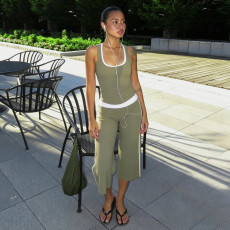 Contrast Color Tank Top+Seventh Pants Sport Suit  GPKJ-MR50549